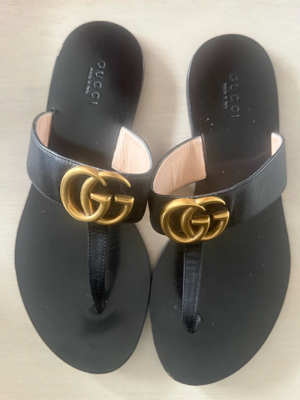 Authentic Gucci Black Leather GG Gold-Logo Thong Sandals